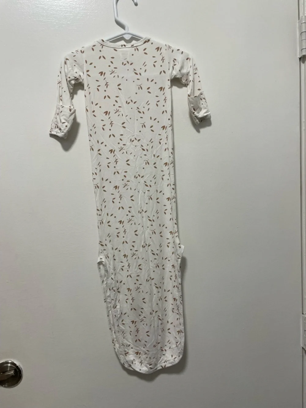 Lou Lou Neutral Leaf Print Baby Gown with Button Front